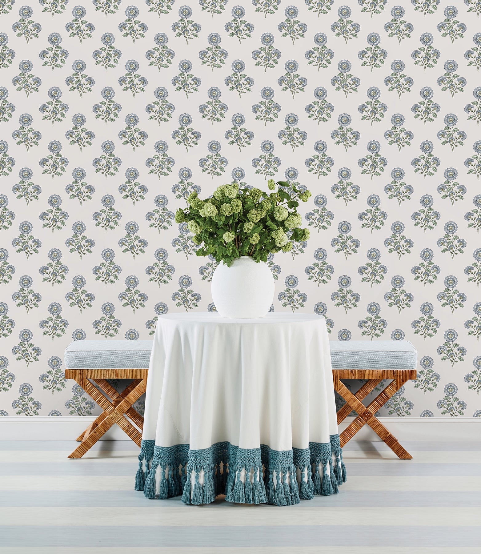 Flourish Block Print Blue and Green Multi Peel and Stick Wallpaper - Brewster Wallcovering