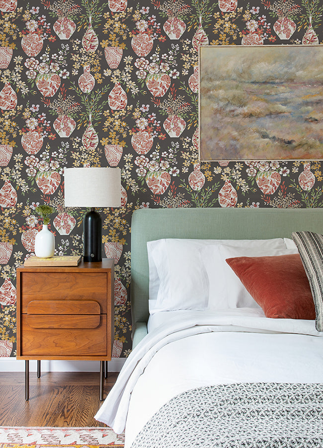 Harper Brown Floral Vase Wallpaper - Brewster Wallcovering