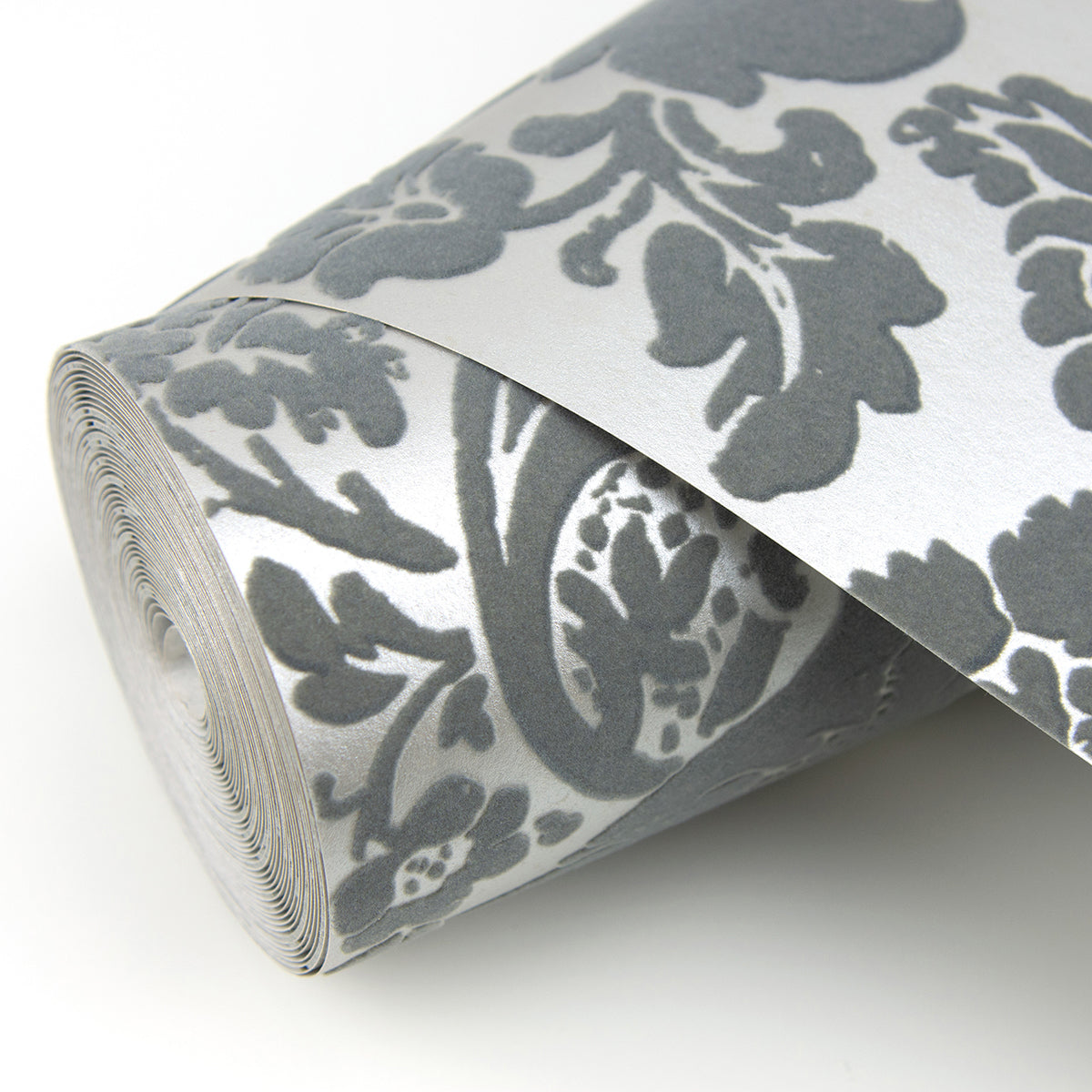 Shadow Grey Flocked Damask Wallpaper - Brewster Wallcovering