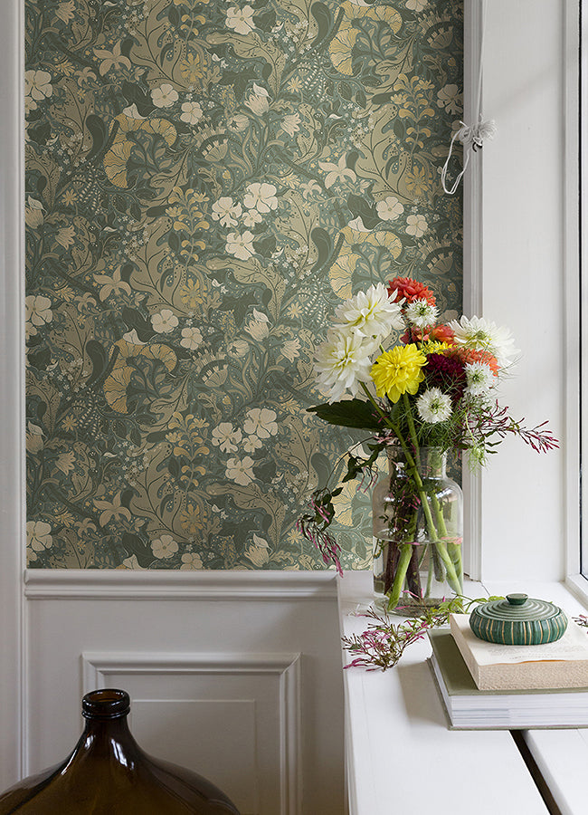 Elise Sea Green Nouveau Gardens Wallpaper - Brewster Wallcovering