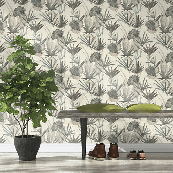 Nameri Grey Tropical Frond Wallpaper - Brewster Wallcovering