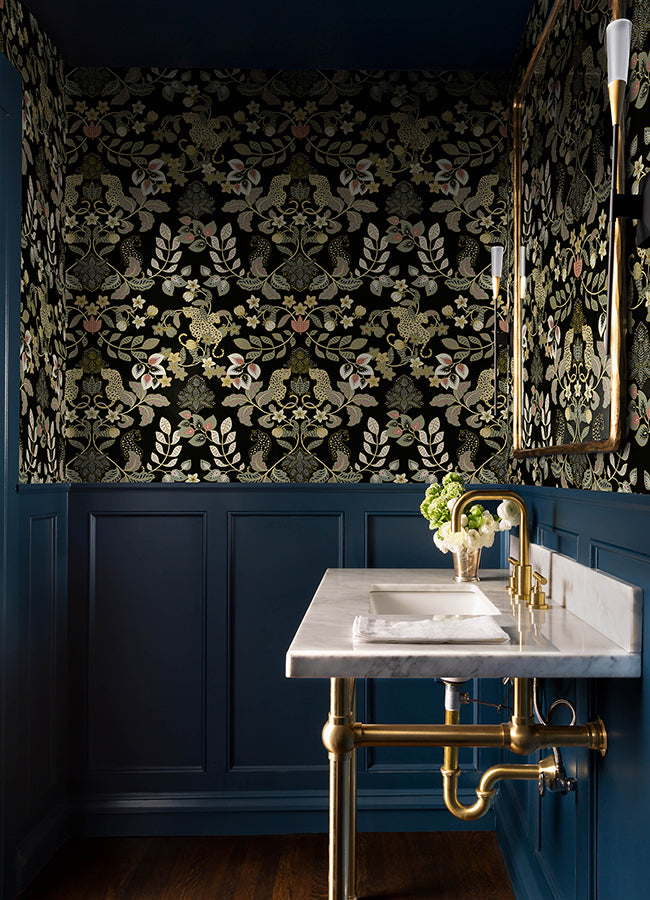 Getty Black Jungle Damask Wallpaper by Scott Living - Brewster Wallcovering