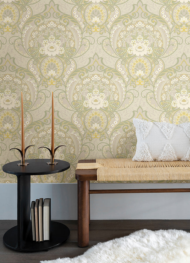 Nasrin Light Grey Damask Wallpaper - Brewster Wallcovering