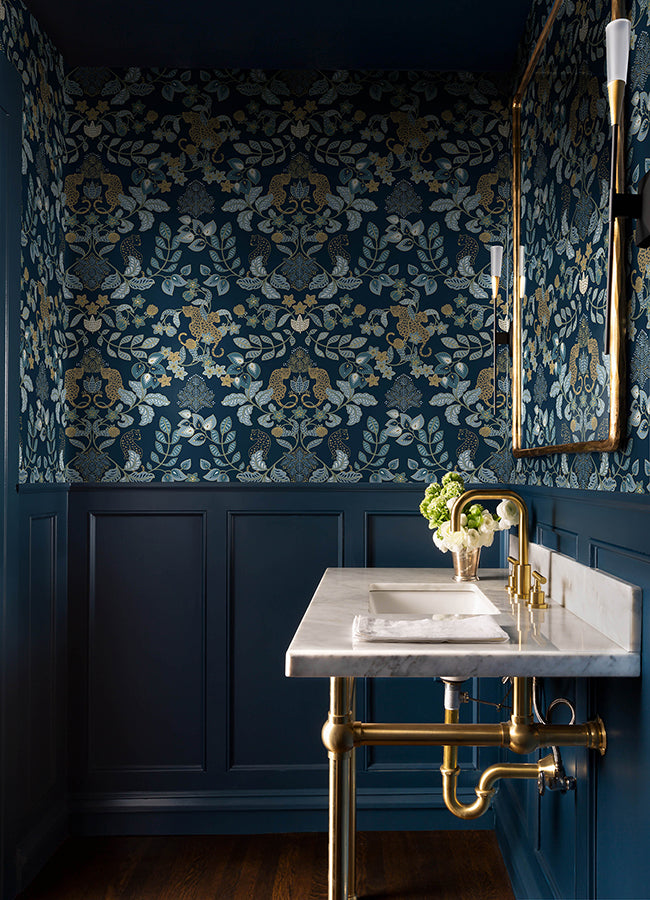 Getty Navy Jungle Damask Wallpaper by Scott Living - Brewster Wallcovering