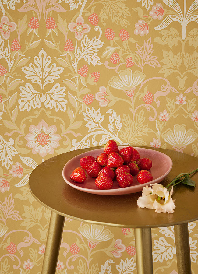 Lila Gold Strawberry Floral Wallpaper - Brewster Wallcovering