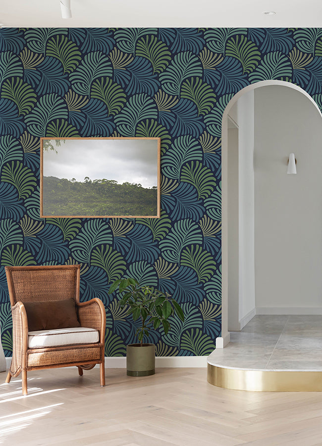 Trousdale Navy Fanning Flora Wallpaper by Scott Living - Brewster Wallcovering