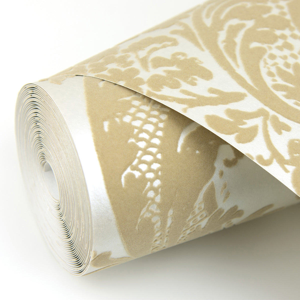 Shadow Khaki Flocked Damask Wallpaper - Brewster Wallcovering