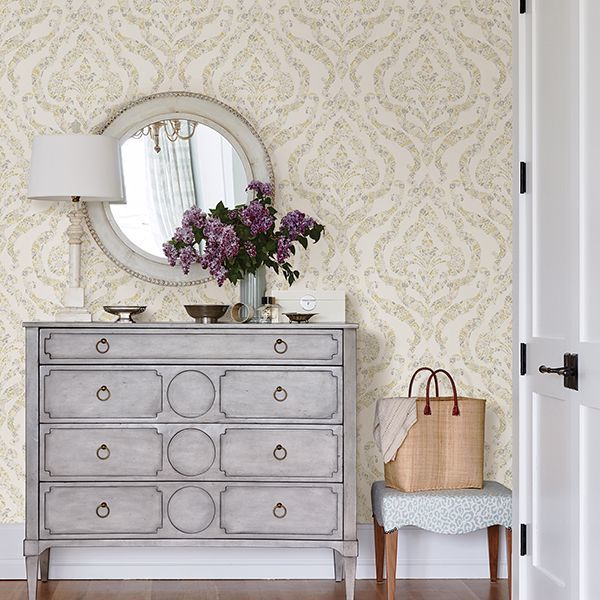 Featherton Mustard Floral Damask Wallpaper - Brewster Wallcovering