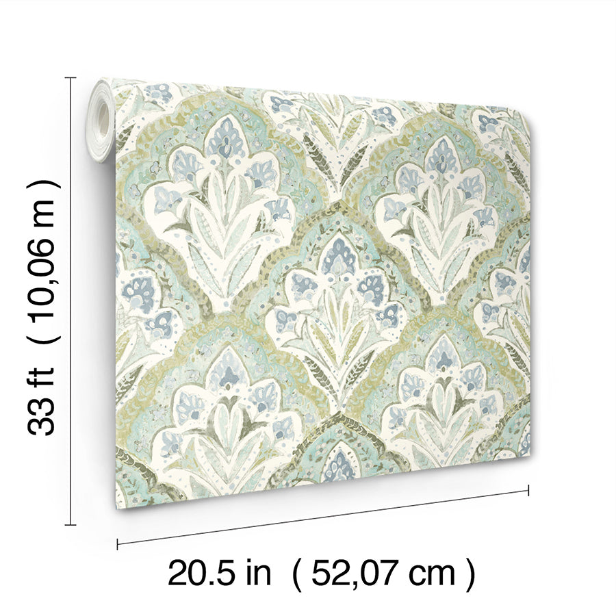 Mimir Aquamarine Quilted Damask Wallpaper - Brewster Wallcovering