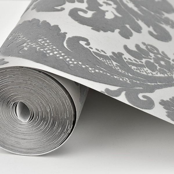 Shadow Grey Flocked Damask Wallpaper - Brewster Wallcovering