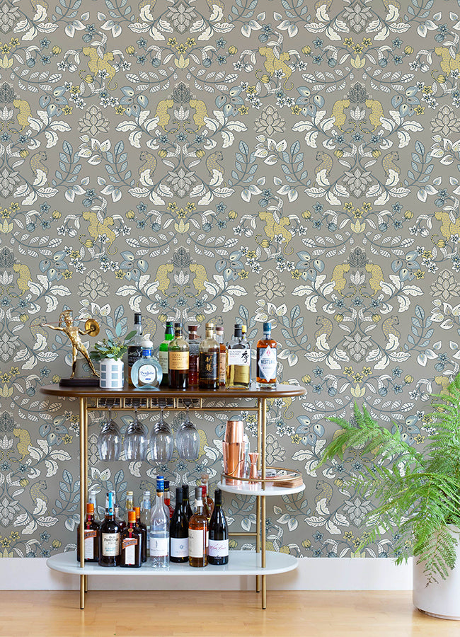 Getty Grey Jungle Damask Wallpaper by Scott Living - Brewster Wallcovering