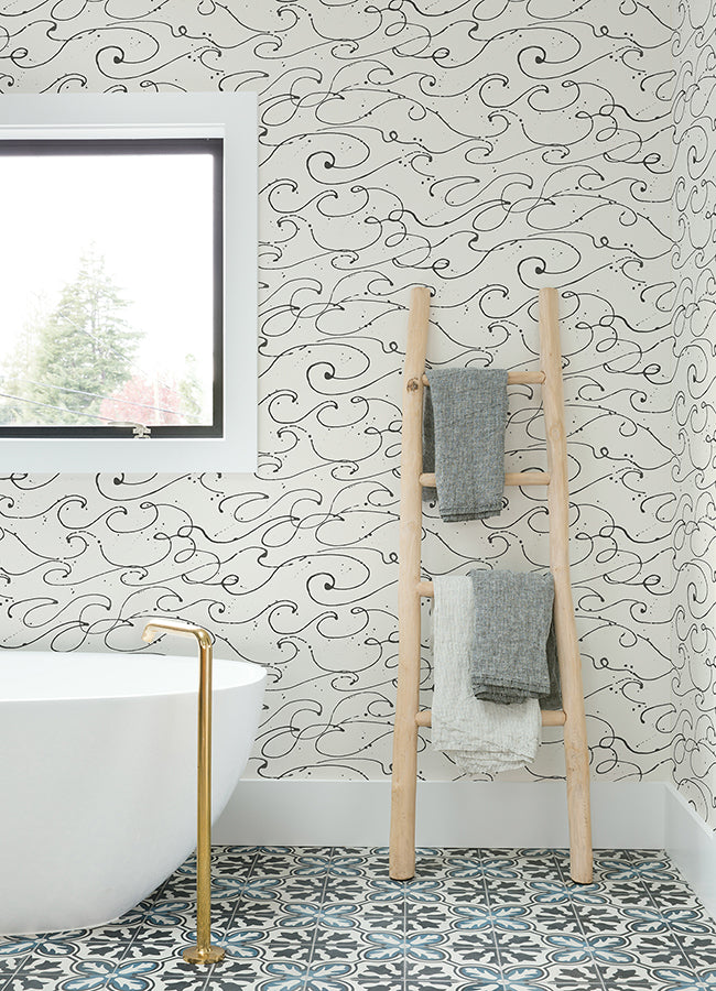 Kuroshio Charcoal Ocean Wave Wallpaper - Brewster Wallcovering