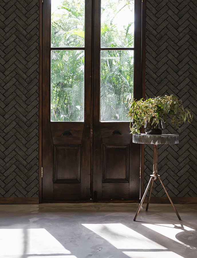 Canelle Black Brick Herringbone Wallpaper - Brewster Wallcovering