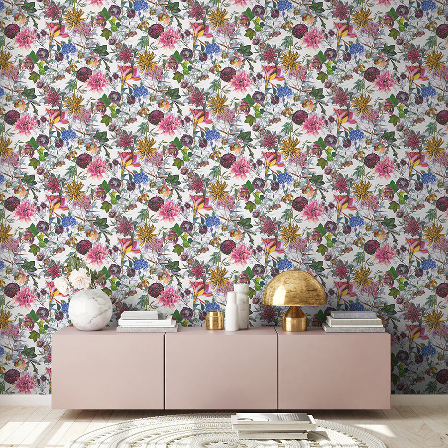 Althea White Flower Garden Wallpaper - Brewster Wallcovering