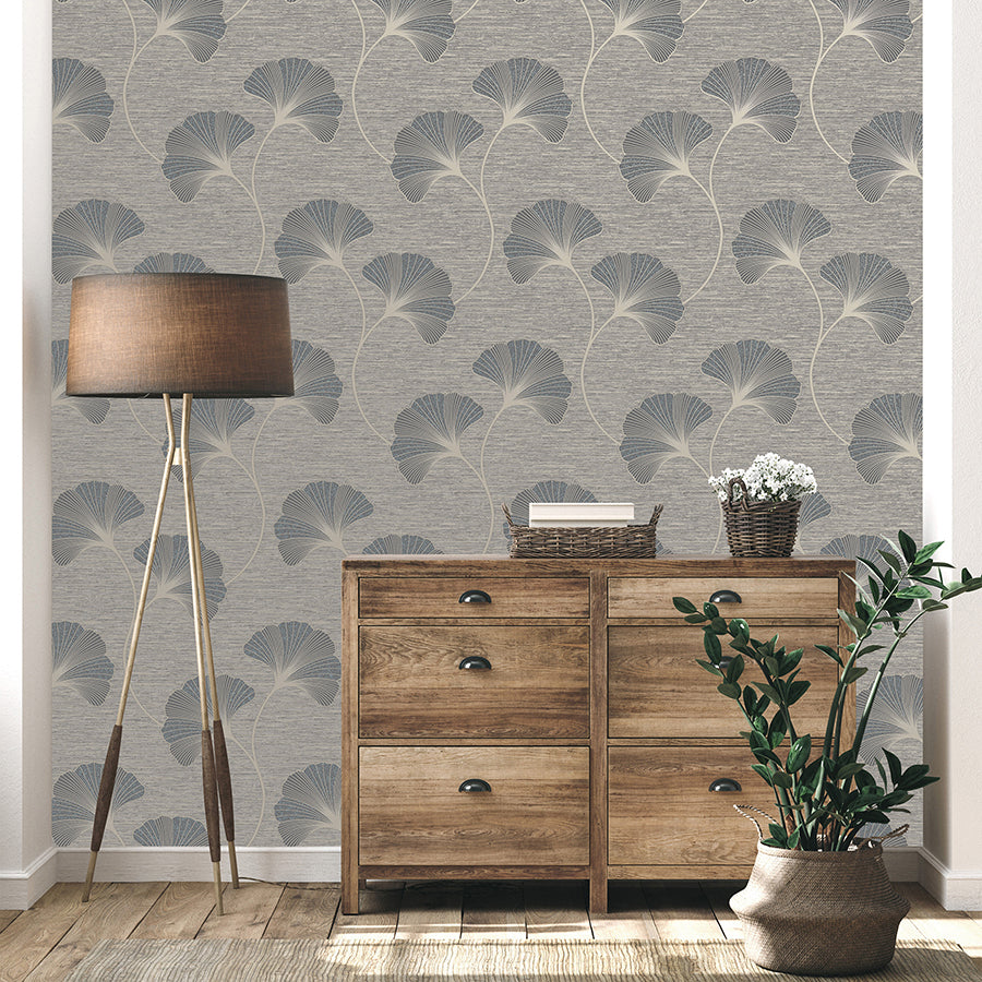 Miya Grey Ginkgo Wallpaper - Brewster Wallcovering