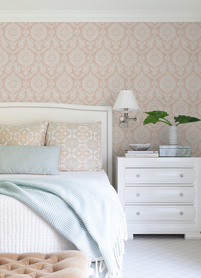 Helm Damask Blush Floral Medallion Wallpaper - Brewster Wallcovering