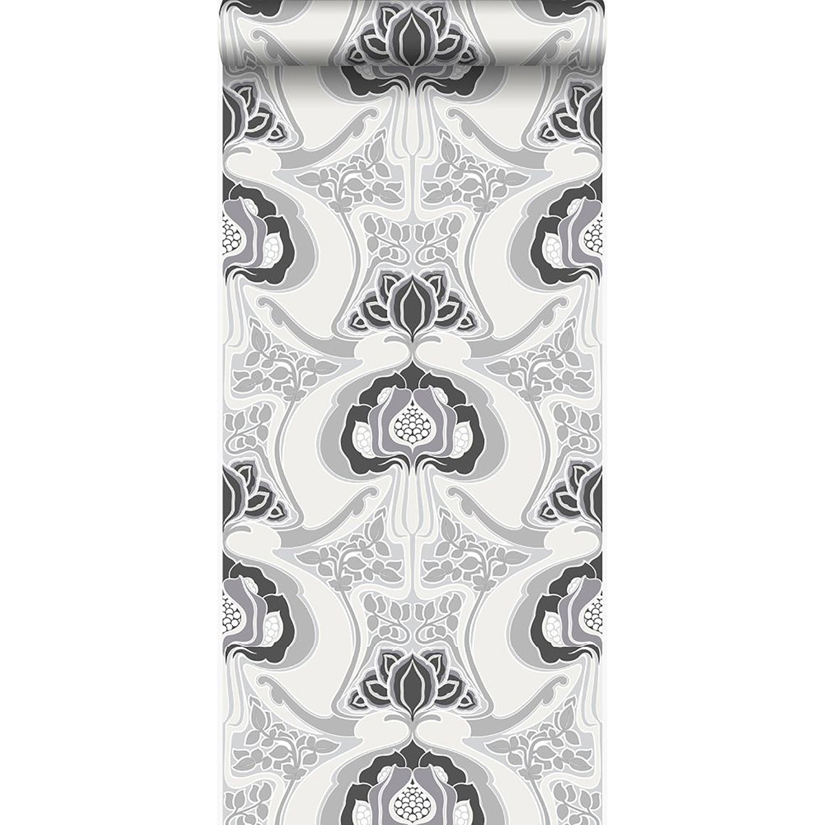 Joaquin Black Art Nouveau Floral Wallpaper - Brewster Wallcovering