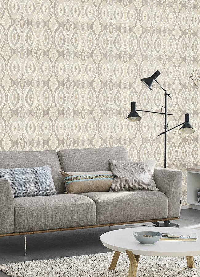 Villon Light Grey Ikat Wallpaper - Brewster Wallcovering