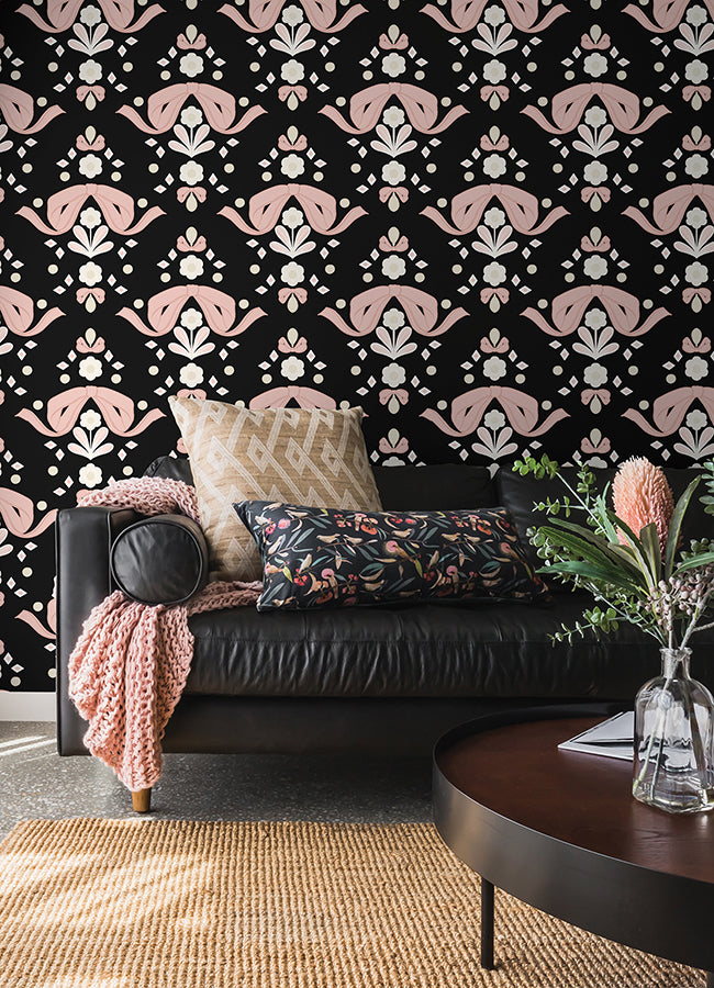 Bow Damask Black Peel and Stick Wallpaper - Brewster Wallcovering