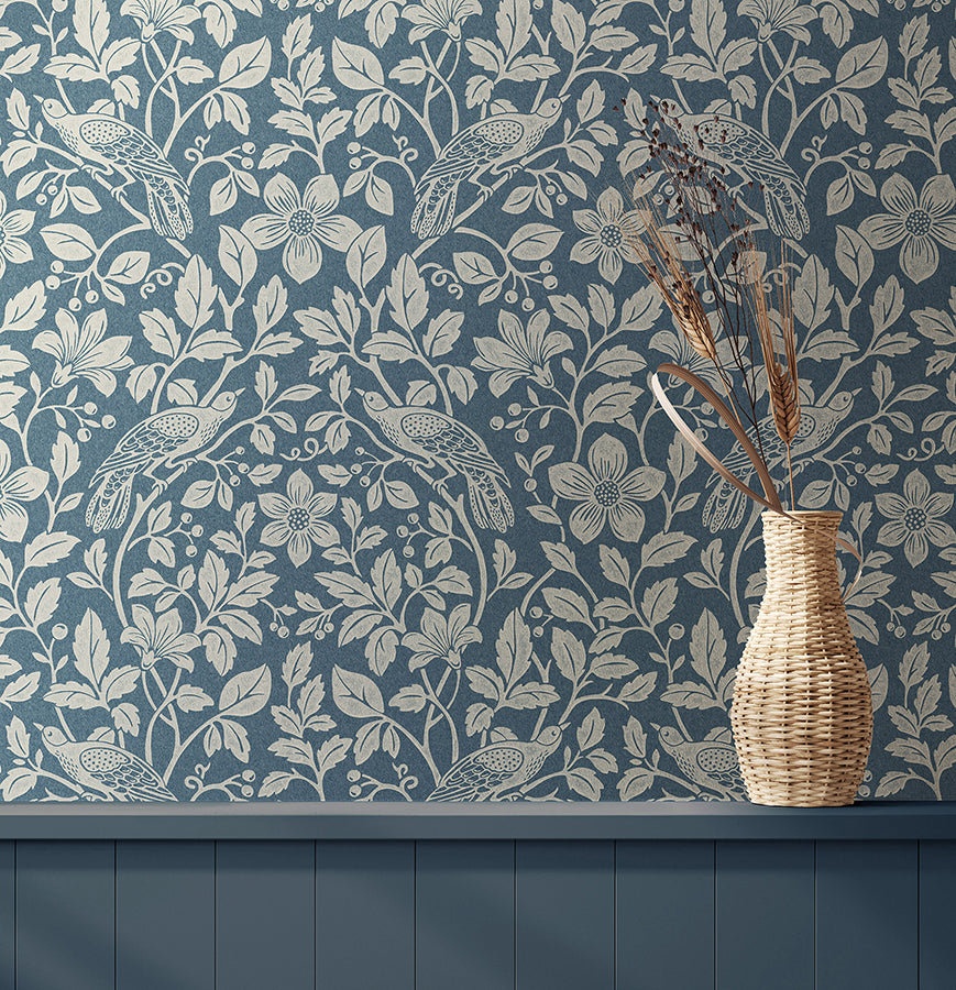 Marlow Dark Blue Bird Vine Wallpaper - Brewster Wallcovering