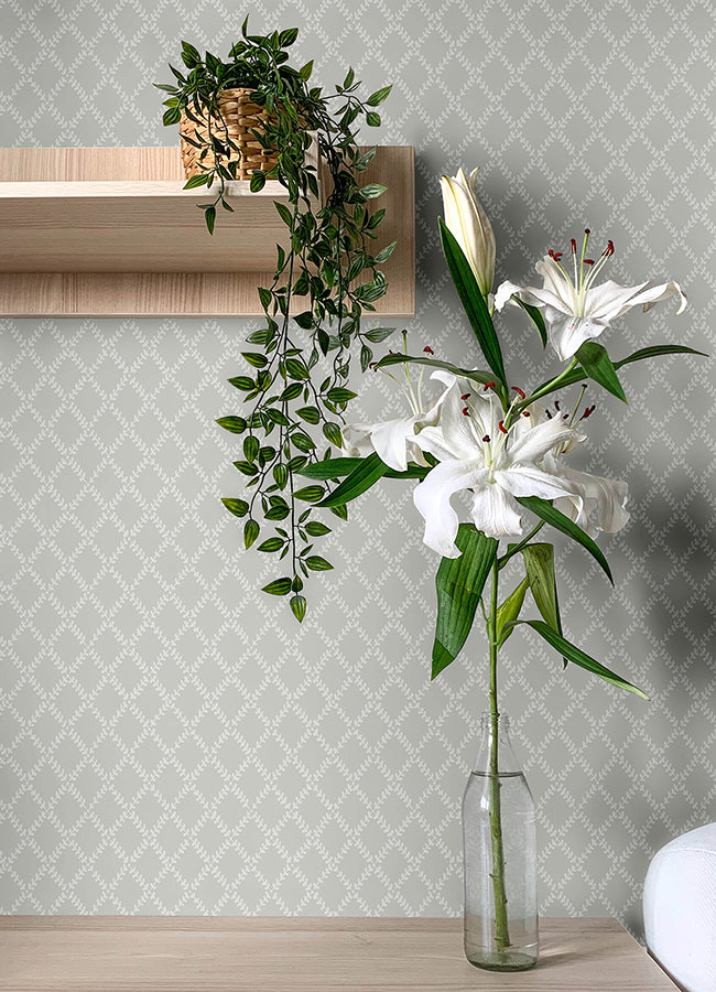 Trevor Grey Leaf Trellis Wallpaper - Brewster Wallcovering