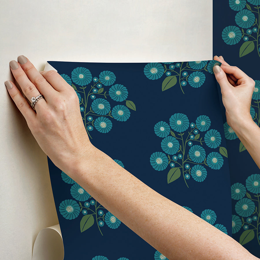 Navy Aqua StrawFlower Peel and Stick Wallpaper - Brewster Wallcovering