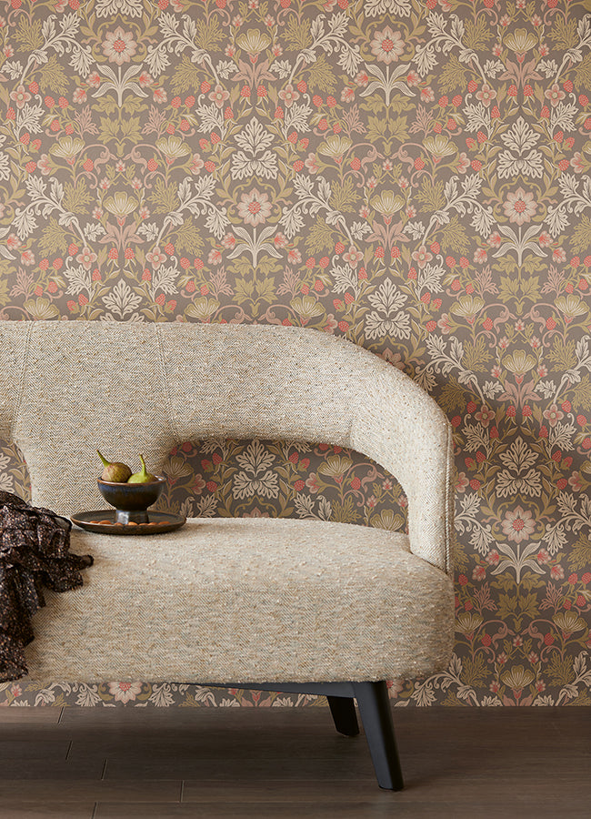 Lila Moss Strawberry Floral Wallpaper - Brewster Wallcovering