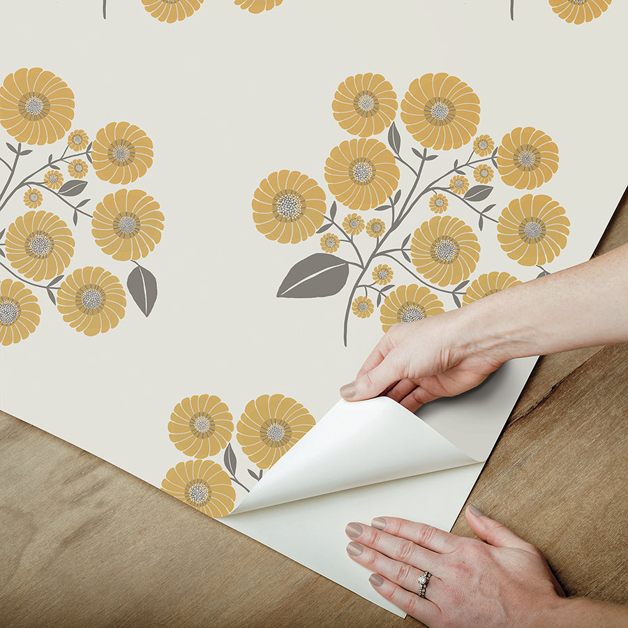 Mustard Grey StrawFlower Peel and Stick Wallpaper - Brewster Wallcovering