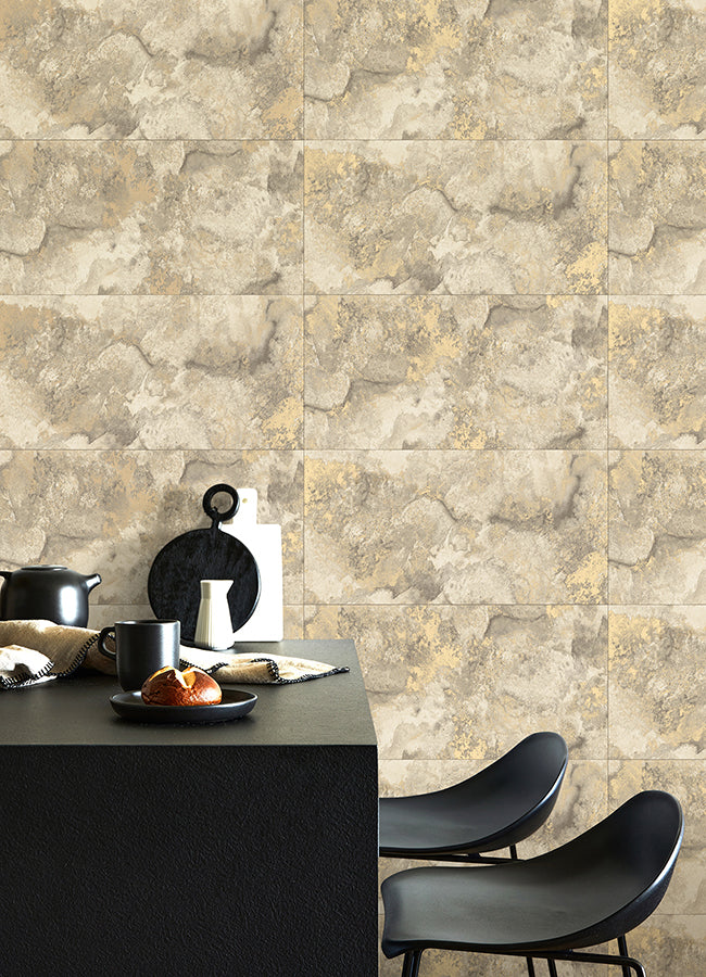 Aria Neutral Marbled Tile Wallpaper - Brewster Wallcovering