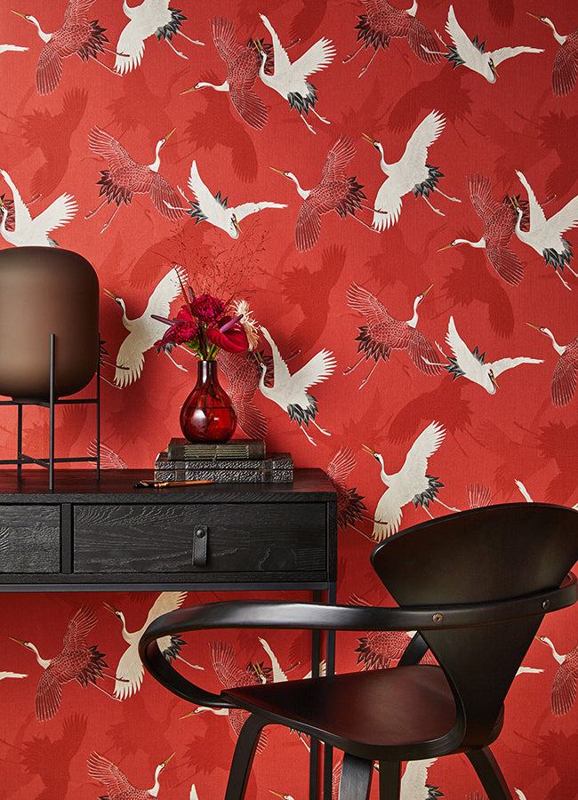 Kusama Red Crane Wallpaper - Brewster Wallcovering