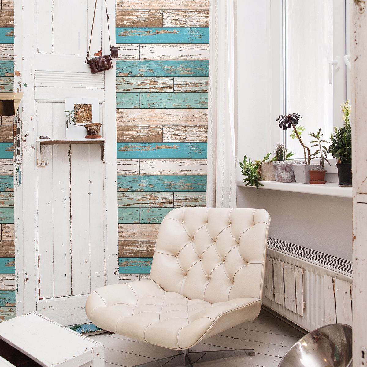 Levi Turquoise Scrap Wood Wallpaper - Brewster Wallcovering