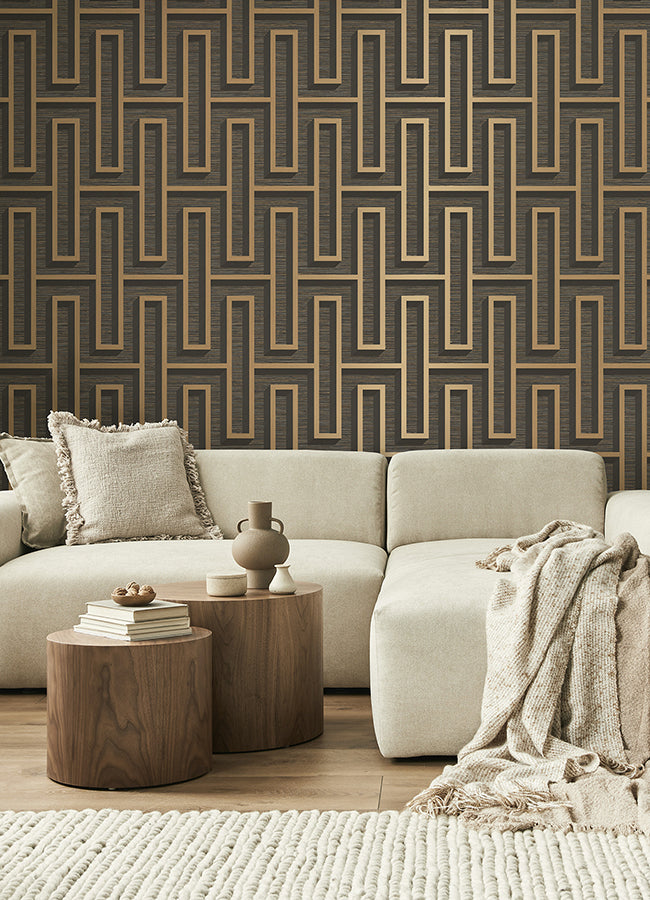 Henley Black Geometric Grasscloth Wallpaper - Brewster Wallcovering