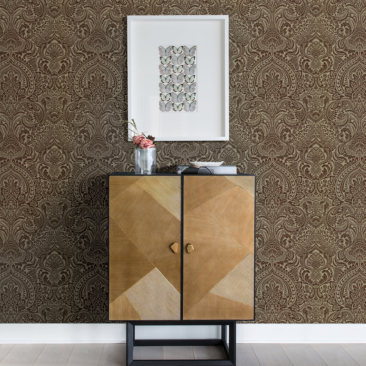 Artemis Bronze Floral Damask Wallpaper - Brewster Wallcovering