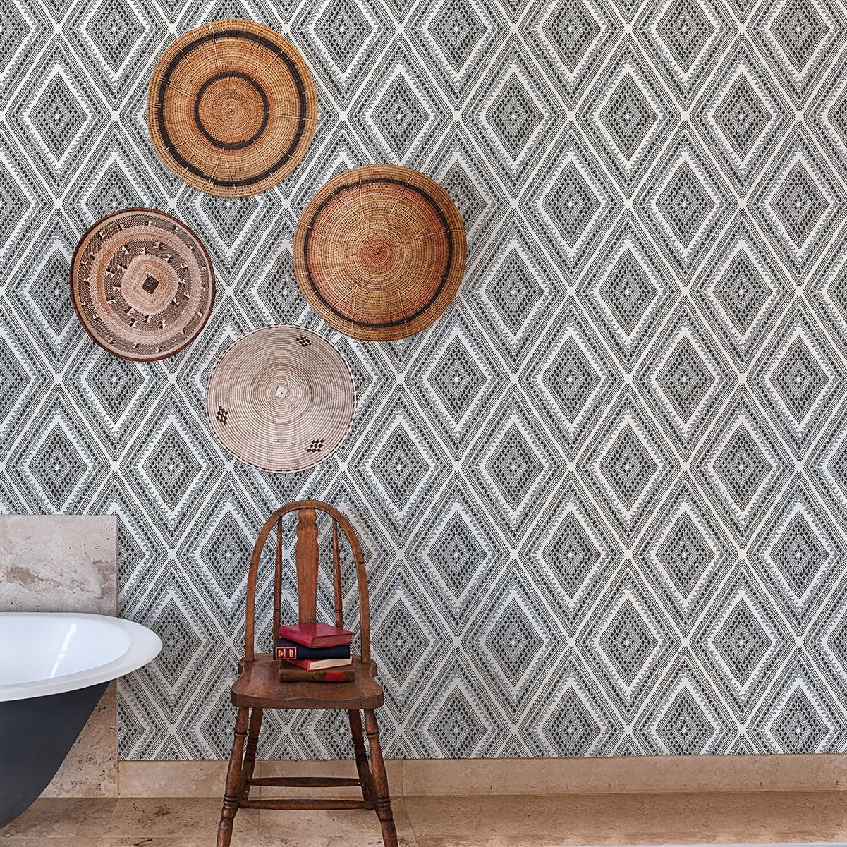 Zaya Black Tribal Diamonds Wallpaper - Brewster Wallcovering