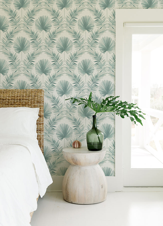 Calla Teal Painted Palm Wallpaper - Brewster Wallcovering