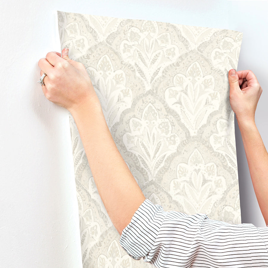 Mimir Dove Quilted Damask Wallpaper - Brewster Wallcovering