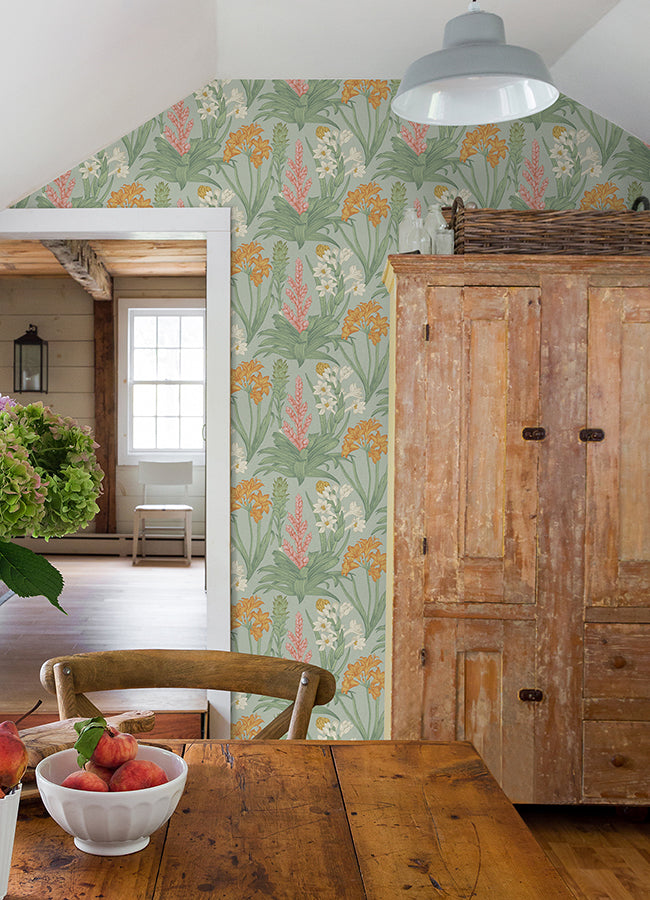 Jade & Pink Blooming Villa Peel and Stick Wallpaper - Brewster Wallcovering