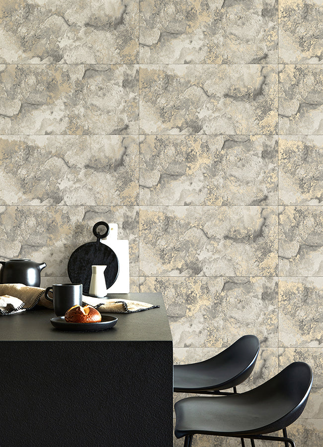 Aria Light Grey Marbled Tile Wallpaper - Brewster Wallcovering