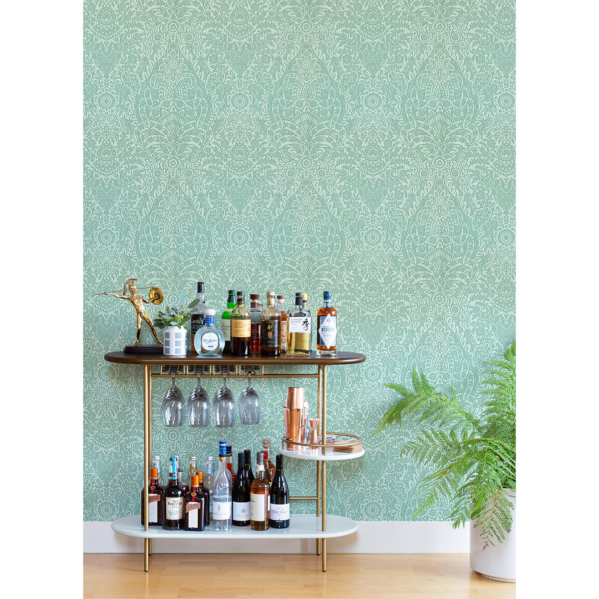 Maris Mint Flock Damask Wallpaper - Brewster Wallcovering