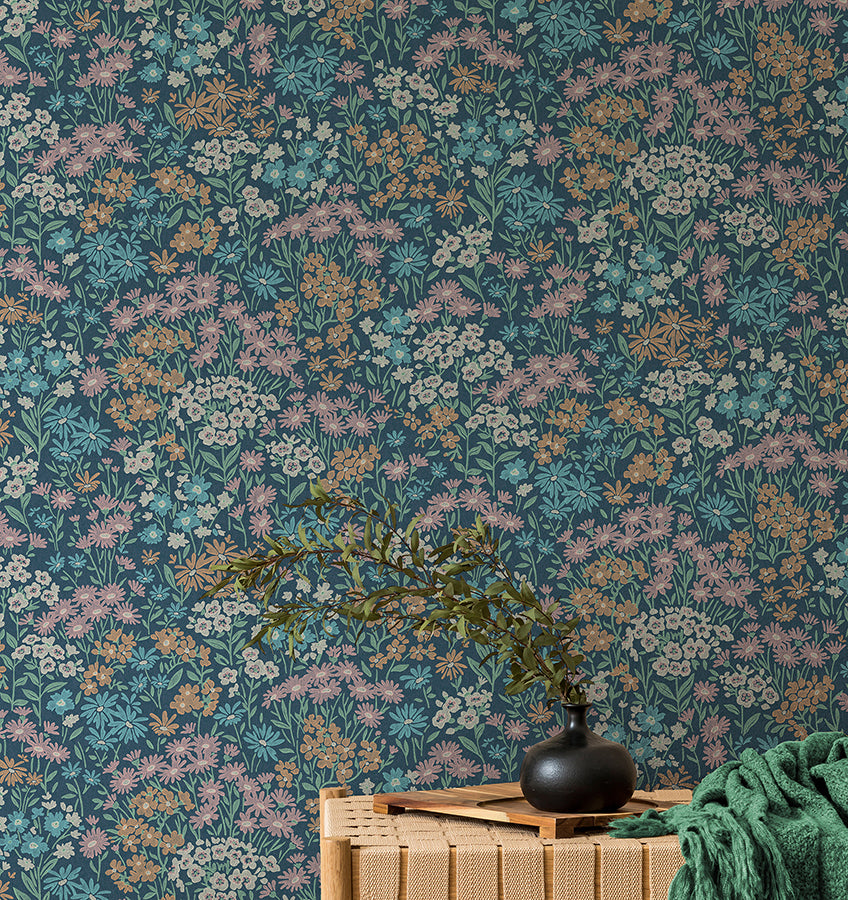 Ditsy Dark Blue Daisies Wallpaper - Brewster Wallcovering