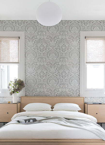 Artemis Platinum Damask Wallpaper - Brewster Wallcovering