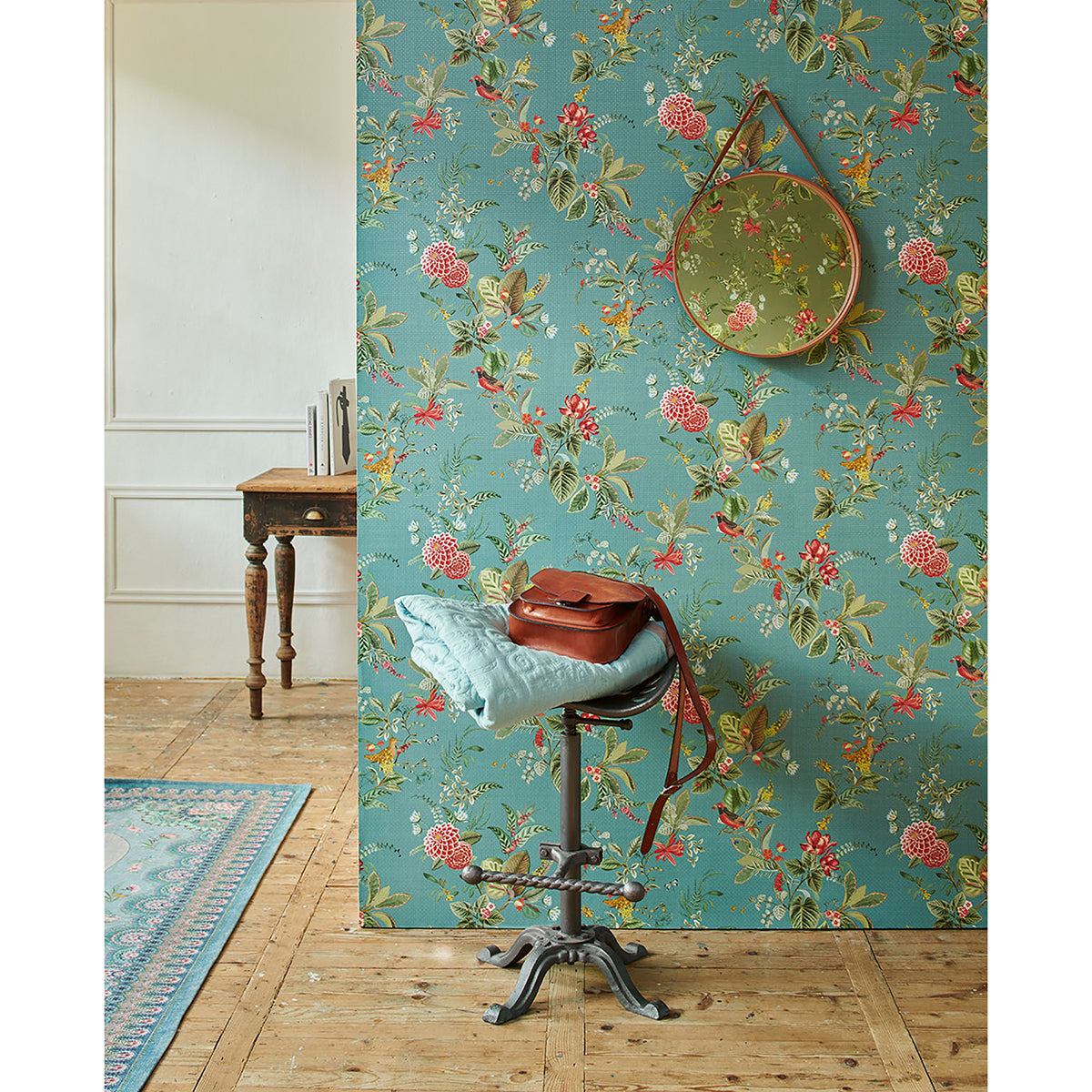 Floris Turquoise Woodland Floral Wallpaper - Brewster Wallcovering