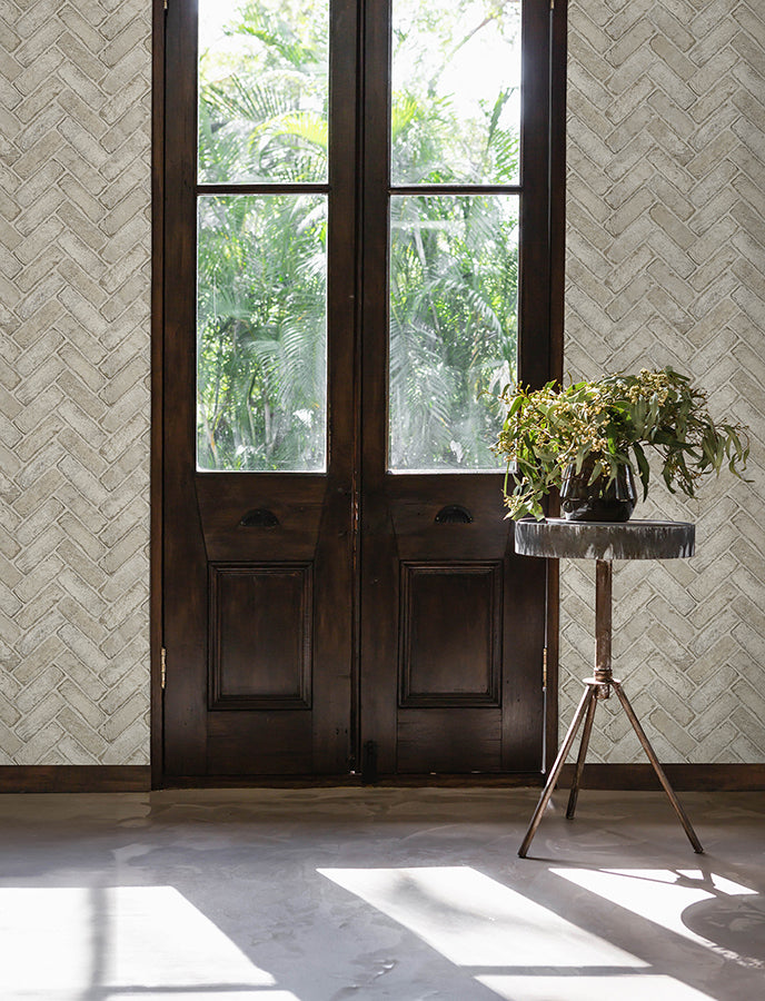 Canelle Taupe Brick Herringbone Wallpaper - Brewster Wallcovering