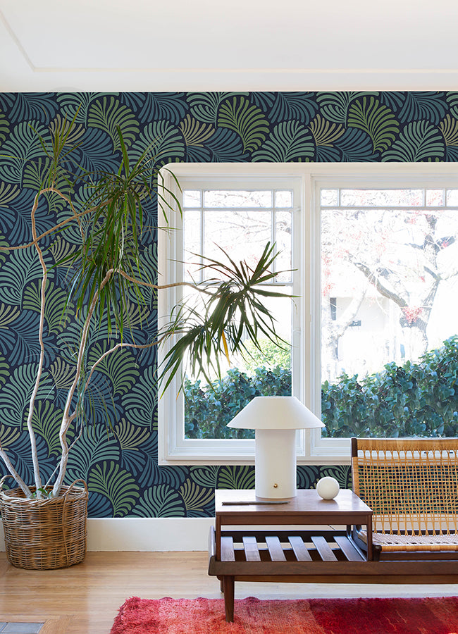 Trousdale Navy Fanning Flora Wallpaper by Scott Living - Brewster Wallcovering