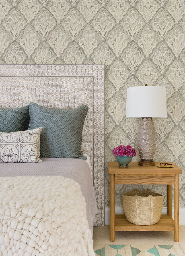 Mimir Grey Quilted Damask Wallpaper - Brewster Wallcovering