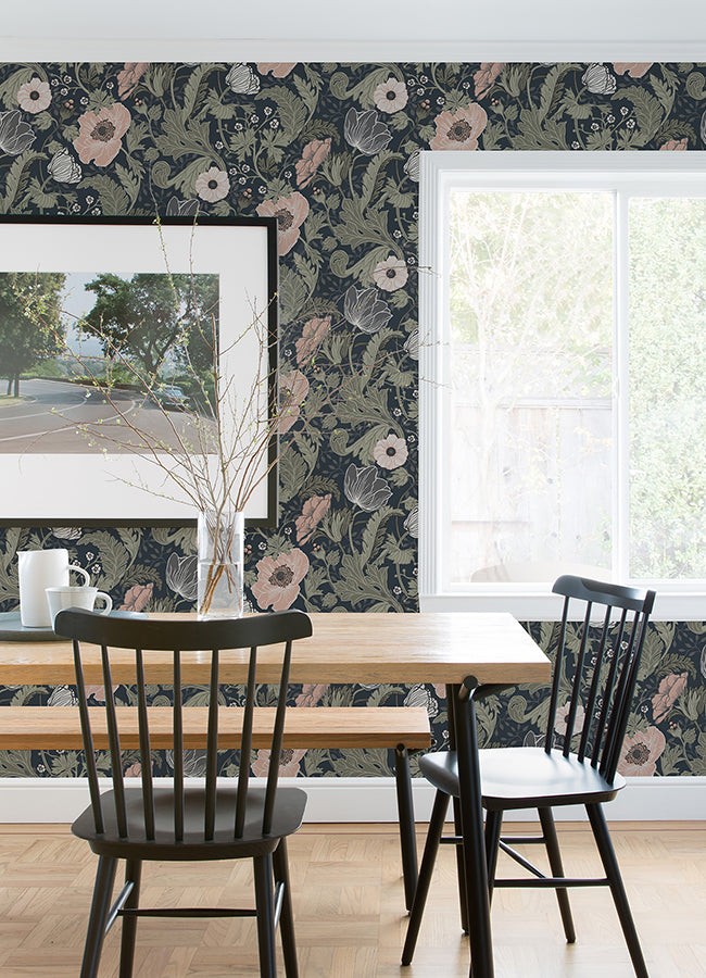 Anemone Navy Floral Wallpaper - Brewster Wallcovering