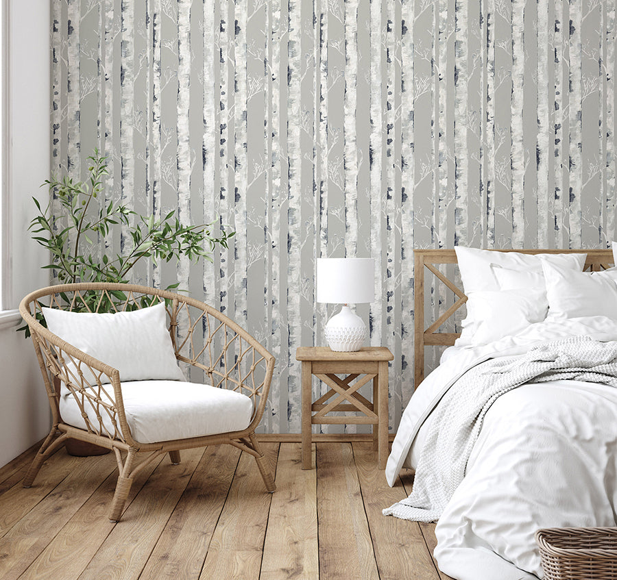 Birchdale Grey Peel and Stick Wallpaper - Brewster Wallcovering