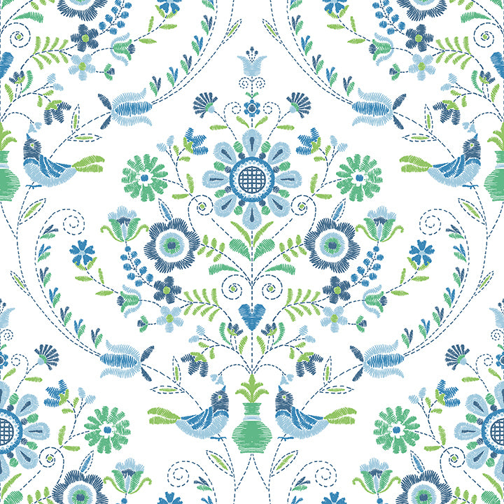 Picture of Britt Sapphire Embroidered Damask Wallpaper