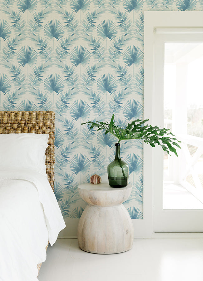 Calla Blue Painted Palm Wallpaper - Brewster Wallcovering