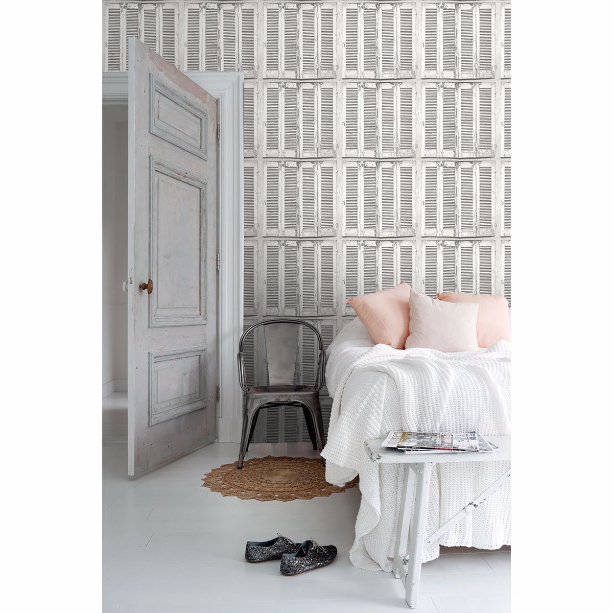 Lansbury Off-White Distressed Shutter Wallpaper - Brewster Wallcovering